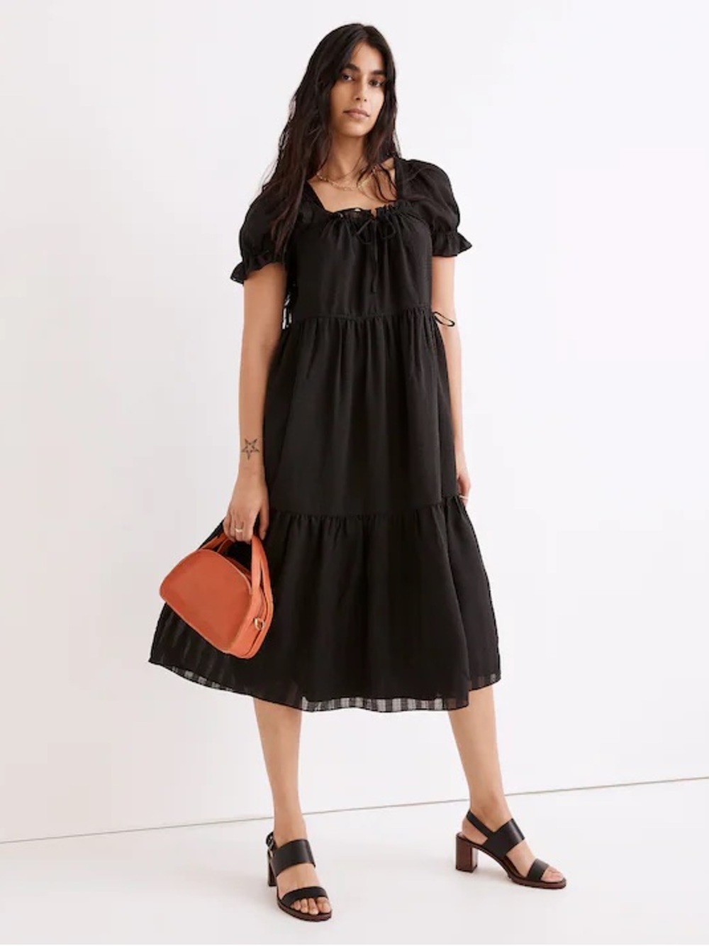 Madewell Women Square-Neck Tiered Midi Dress in Textured Seersucker in Size S